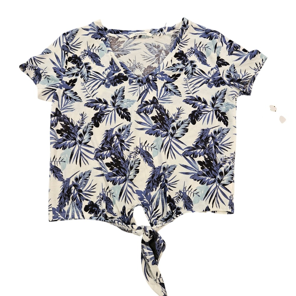 NWT Emerette Tropical Palm Leaf Print V-Neck Tie Front Short Sleeve Top Blue M